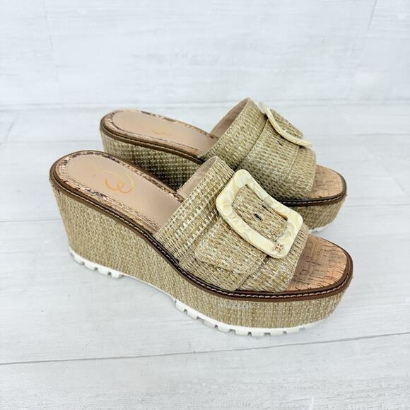 Sam Edelman Women Size 9 Livi Wedge Sandals Natural Raffia Boho Beach Beige - Picture 1 of 16